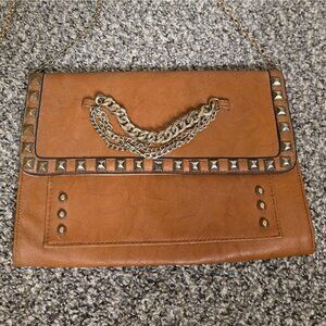Yoki Crossbody Bag Womens Medium Brown Faux Leather Studded Chain Shoulder Purse